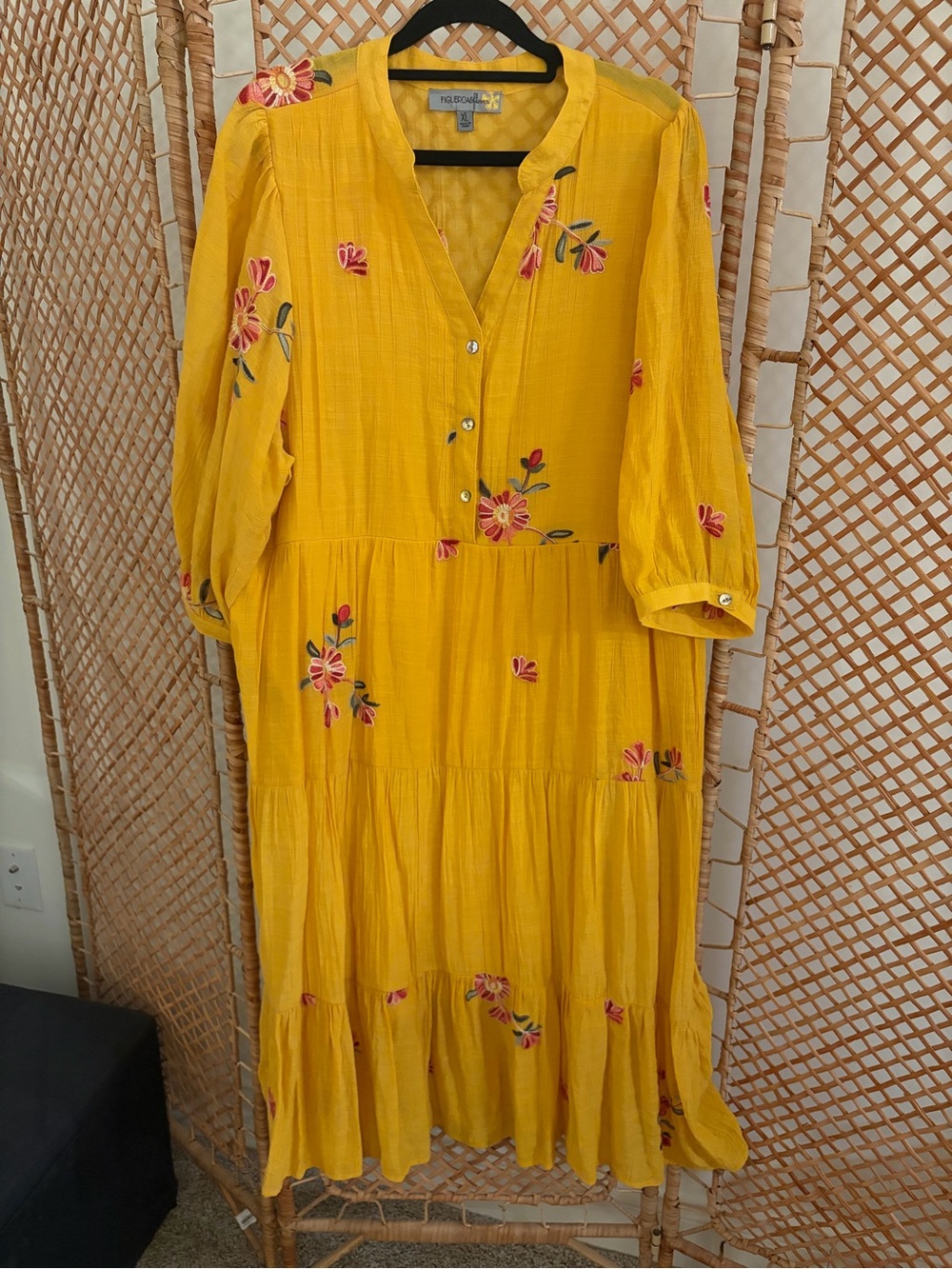 Yellow Tiered Maxi Dress with Floral Embroidery - Picture 2 of 8